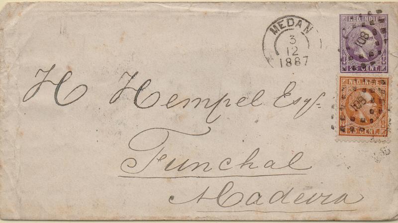 1379 f.jpg -     Lote:    1379 (frente)                   Descrição:         Madeira * Incoming mail &mdash; Sobrescrito de 25c com selo adicional de 10c, circulado de Medan * Índia Holandesa (03.12.1887) para o Funchal. Circulado via Singapura (08.12.87), Brindisi (06.01.88), Torino (06.01.88) e Londres (17.01.88).        IC       Valor Base:     &euro; 50,00     Valor Venda:     &euro;      